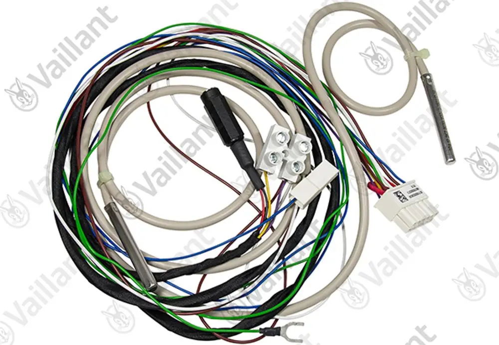 Kabelbaum mit mehreren farbigen Drähten und Steckverbindungen, geeignet für Vaillant-Produkte. Komponenten umfassen Temperatursensoren und Anschlusskabel.